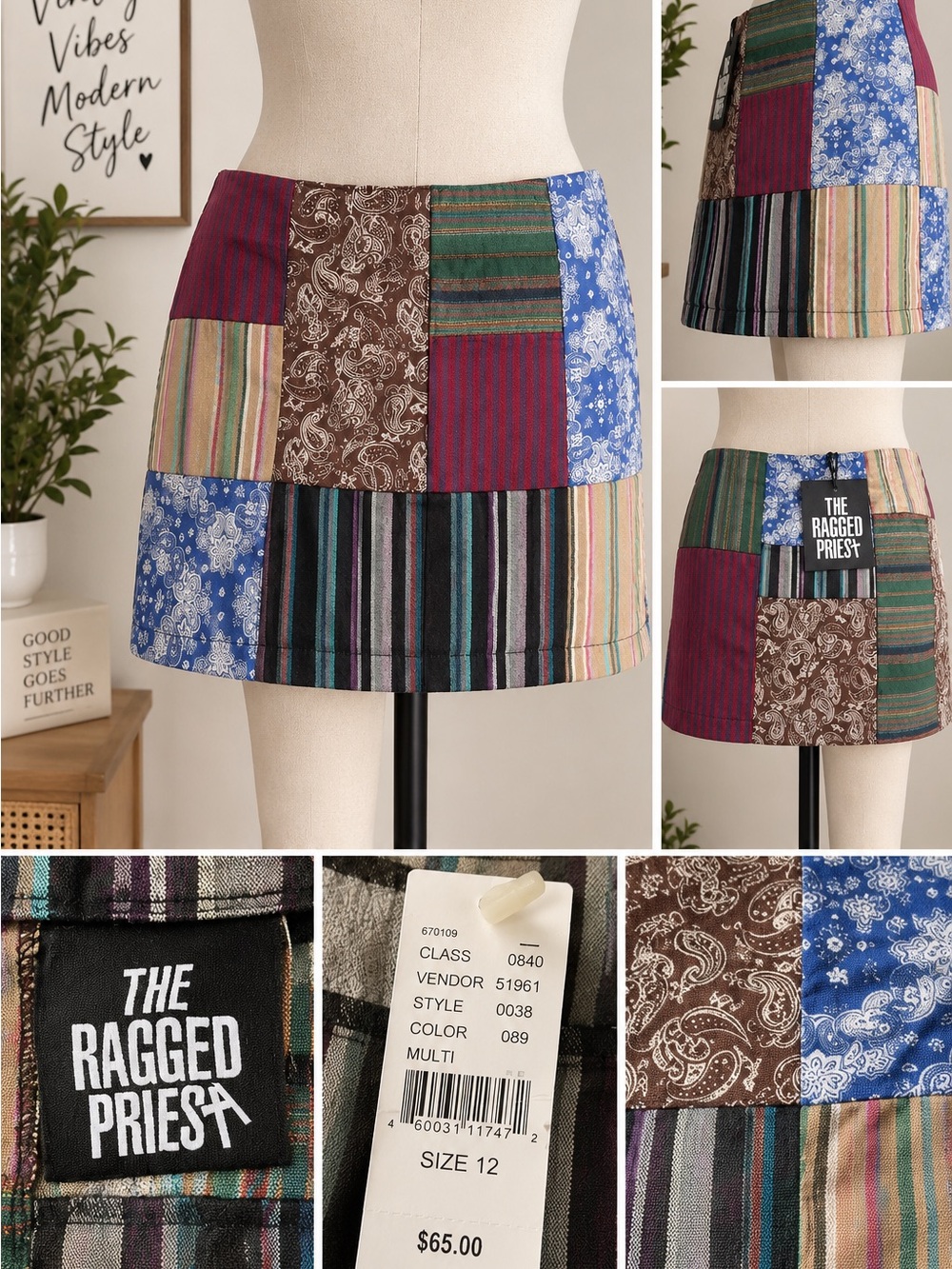 The Ragged Priest Multi Patchwork Mini Skirt in Blue, Brown, Green & Burgundy